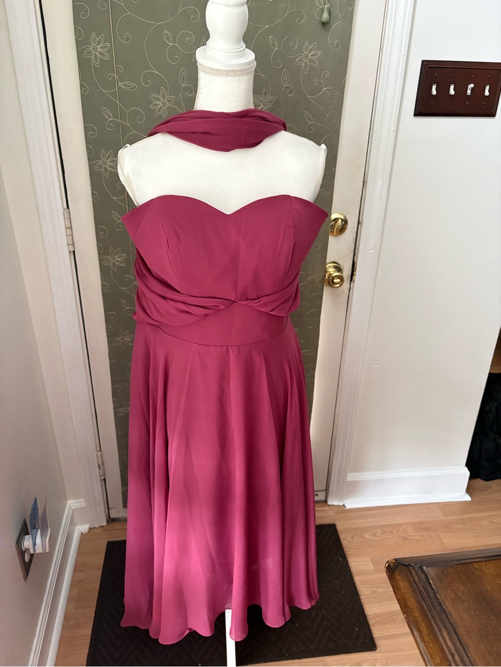 Strapless Rose Pink Midi Dress with Matching Scarf